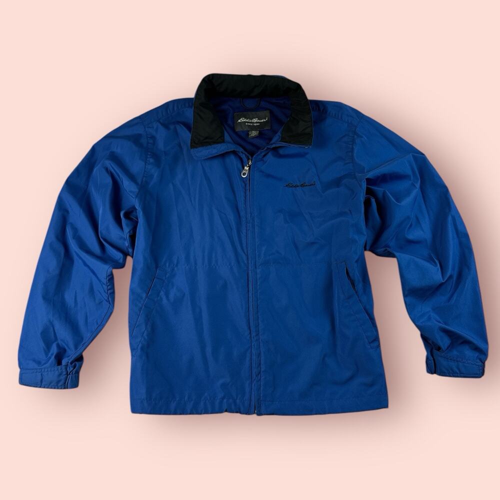 Eddie Bauer Men Medium Blue Full Zip Packable Hooded Windbreaker Jacket Vented
